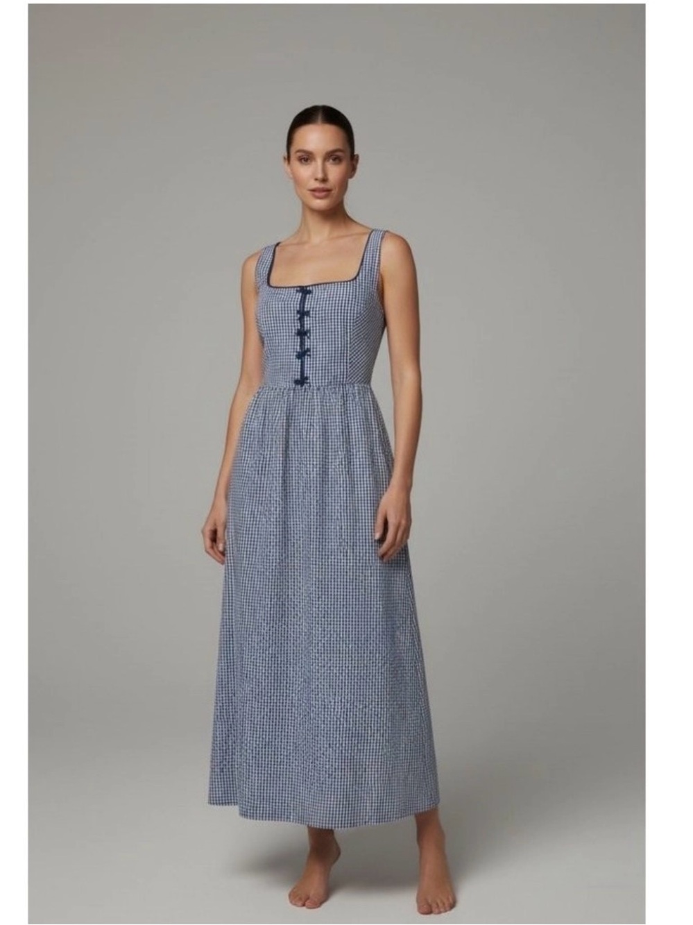 Caroline Constas Blue Gingham Seersucker Peasant Maxi Dress Small